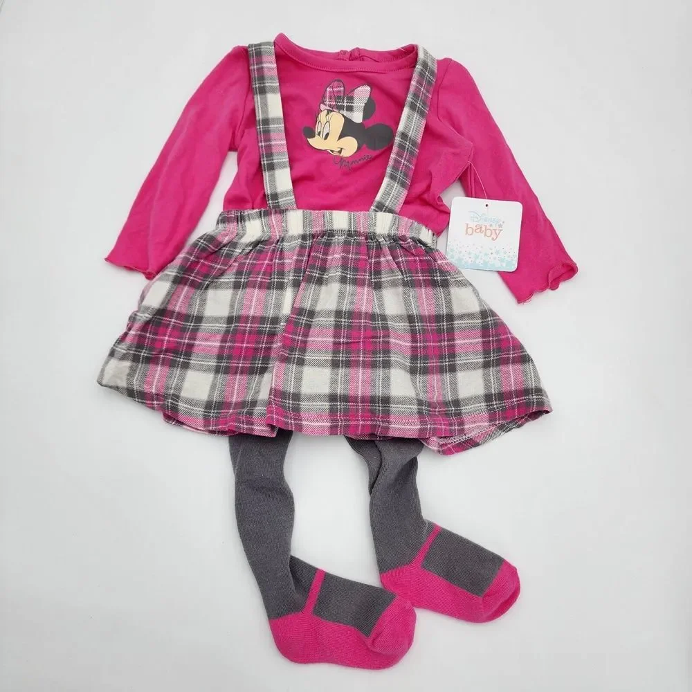 DISNEY MINNIE MOUSE 3-PIECE OVERALL‎ SKIRT SET WITH TIGHTS 6-9M. NEW PINK
